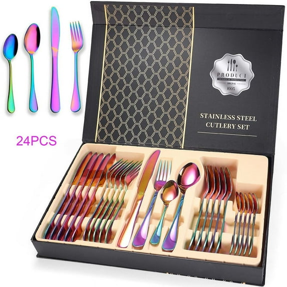 ZVZM Colorful Silverware Set, 24-Piece Stainless Steel Rainbow Flatware Set, Iridescent Cutlery Utensils Set Service for 6, Mirror Polished, Dishwasher Safe(Muti-colorful)