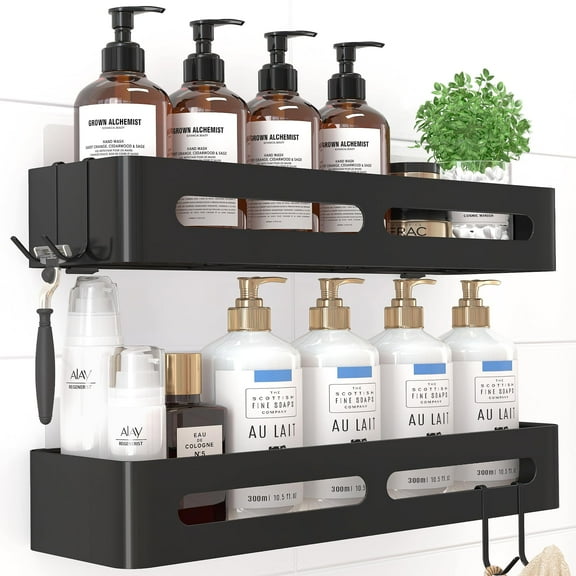 ZVZM Shower Caddy - Adhesive Shower Organizer, 2 Pack Stainless Steel Adhesive Shelves with 4 Hooks,No Drill, Black