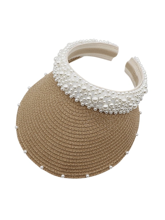 Women Pearl Sun Visor Hat, Sun Hats for Women, Straw Sun Visor Hats, Ponytail Beach Hats for Women, Wide Brim Breathable Summer Outdoor Cap, Khaki, One Size