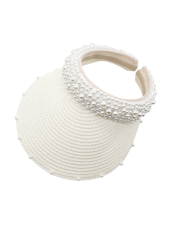 Women Pearl Sun Visor Hat, Sun Hats for Women, Straw Sun Visor Hats, Ponytail Beach Hats for Women, Wide Brim Breathable Summer Outdoor Cap, White, One Size