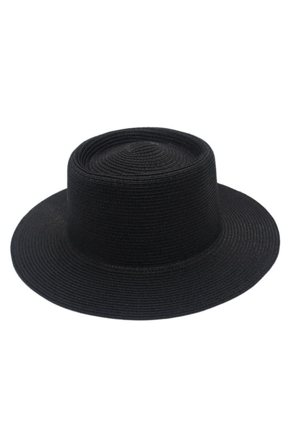 Women's Wide Brim Straw Hats Floppy Fedora Summer Straw Sun Hat Wedding Flat Top Hats for Tea Party Foldable Sun Visors Summer Beach Cap, Black, One Size