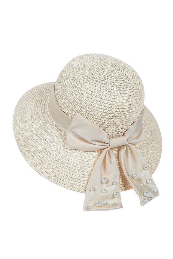 Womens Beach Sun Straw Hat Travel Fedora Foldable Wide Brim Summer Straw Straw Bucket Hat with Bowknot Foldable Packable Floppy Beach Hats for Women, Beige, One Size