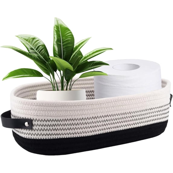 ZWHong 1 Pack Small Woven Storage Basket for Toilet Tank Top, Bathroom Countertop Organizer Basket Cotton Rope Toilet Paper Storage Toilet Paper Decorative Basket 13"x6"x4" (Black&White)