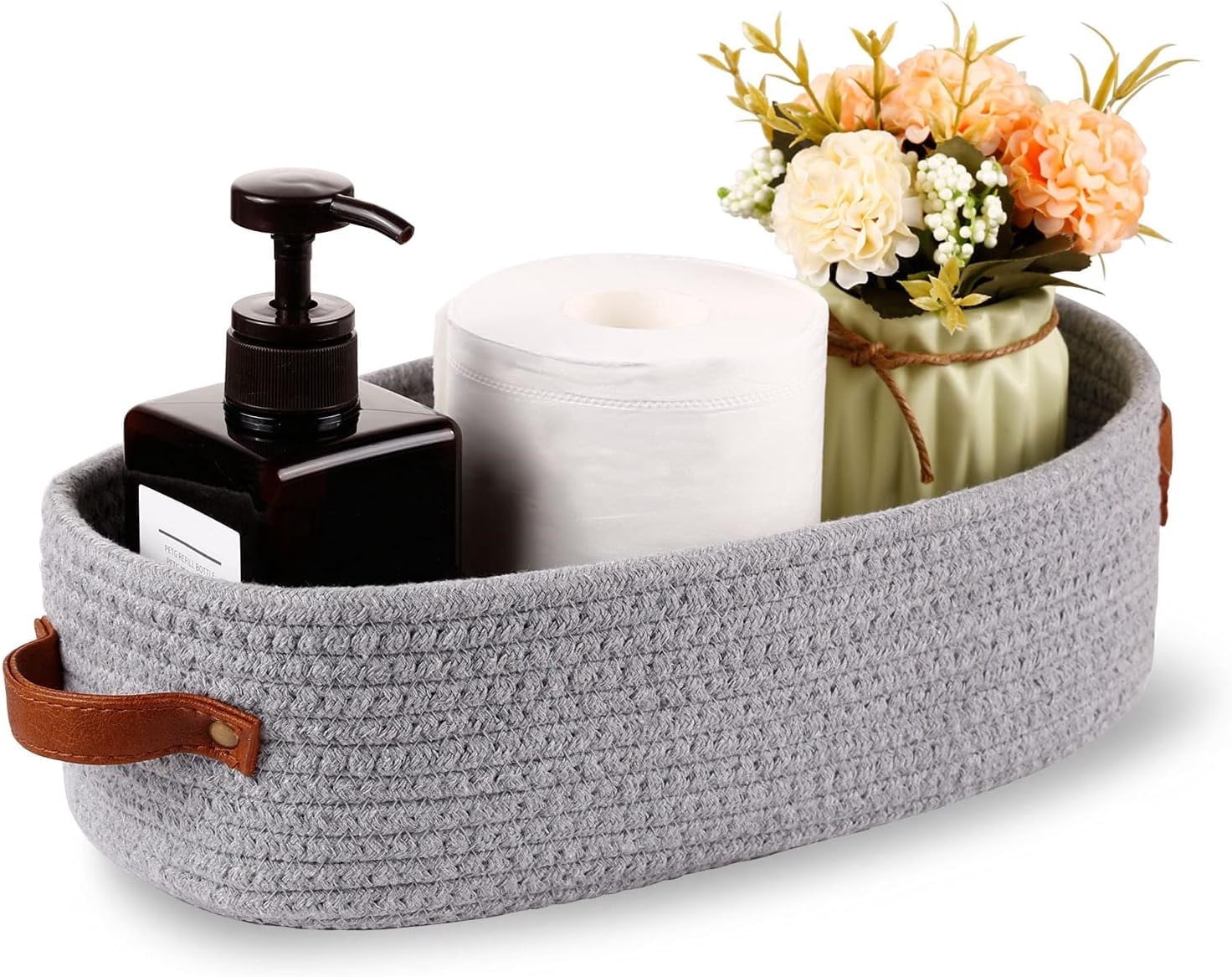 ZWHong 1 Pack Small Woven Storage Basket for Toilet Tank Top, Bathroom Countertop Organizer Basket Cotton Rope Toilet Paper Storage Toilet Paper Decorative Basket 13"x6"x4" (gray)