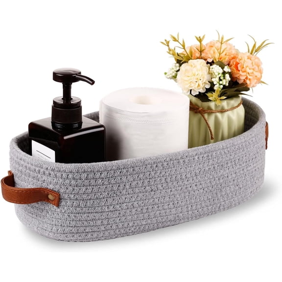 ZWHong 1 Pack Small Woven Storage Basket for Toilet Tank Top, Bathroom Countertop Organizer Basket Cotton Rope Toilet Paper Storage Toilet Paper Decorative Basket 13"x6"x4" (gray)