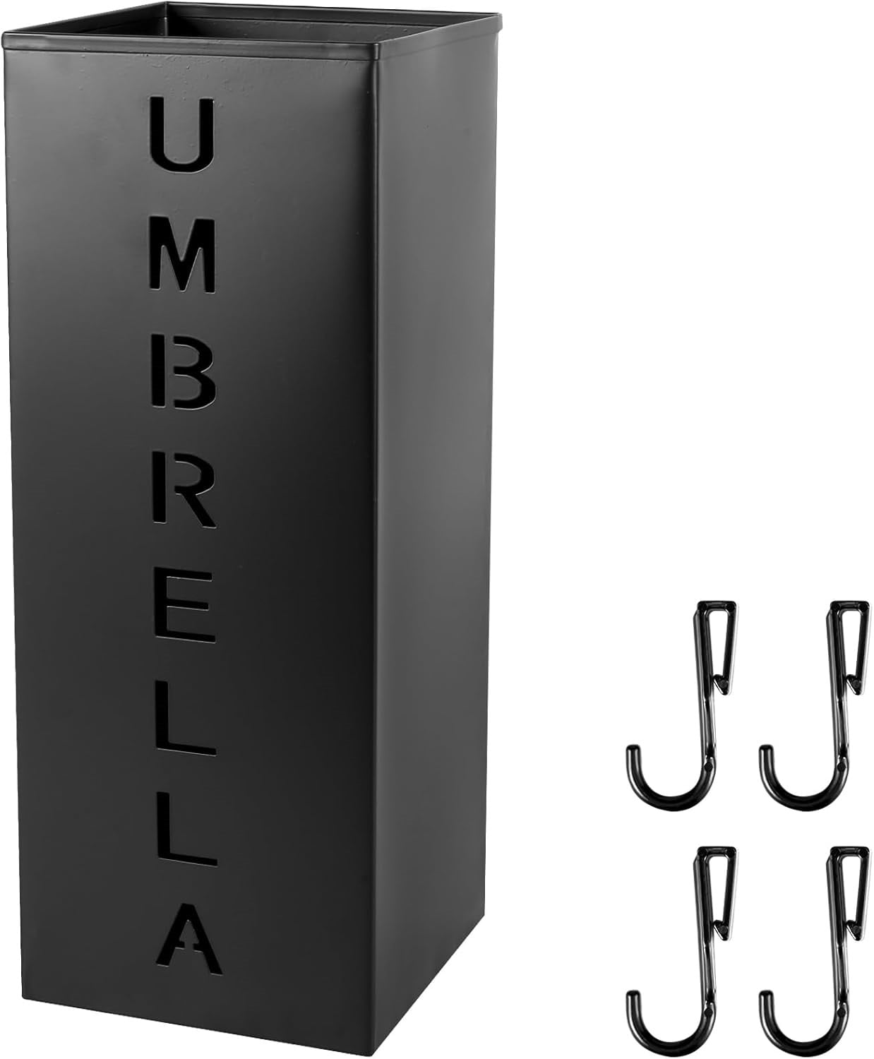 ZWHong 1 pack Metal Umbrella Holder for Entryway, Square Umbrella Stand with Decorative Monogram, Waterproof Free Standing Organizer for Wet Umbrellas, Walking Sticks, Canes, Black