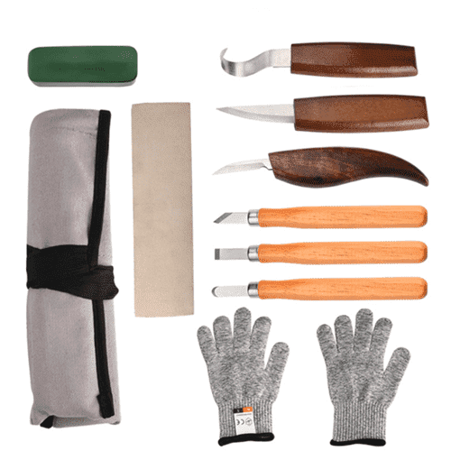 ZWHong 10Pcs Wood Carving Kit, Beginner Set With Resistant Gloves, Spoon & Whittling Knife, Sandpaper for Woodworking