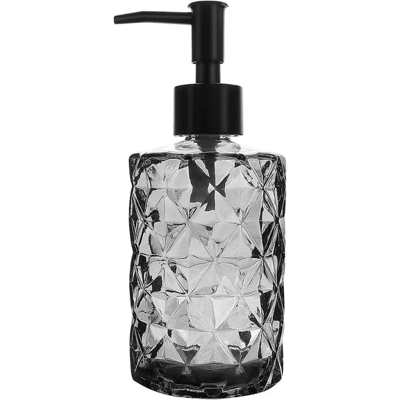 ZWHong 11oz Glass Soap Dispenser, Gray Diamond Pattern with Black Pump, Refillable Liquid Soap Dispenser for Kitchen & Bathroom Countertop