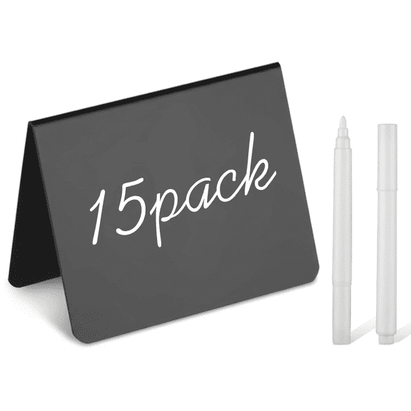 ZWHong 15-Pack Mini Chalkboard Signs, 4x3 Inch Plastic V-Frame Table Tents with 2 Liquid Chalk Markers & 2 Erasers, Reusable Food Labels for Buffet, Wedding, Party, Bakery Display, Black