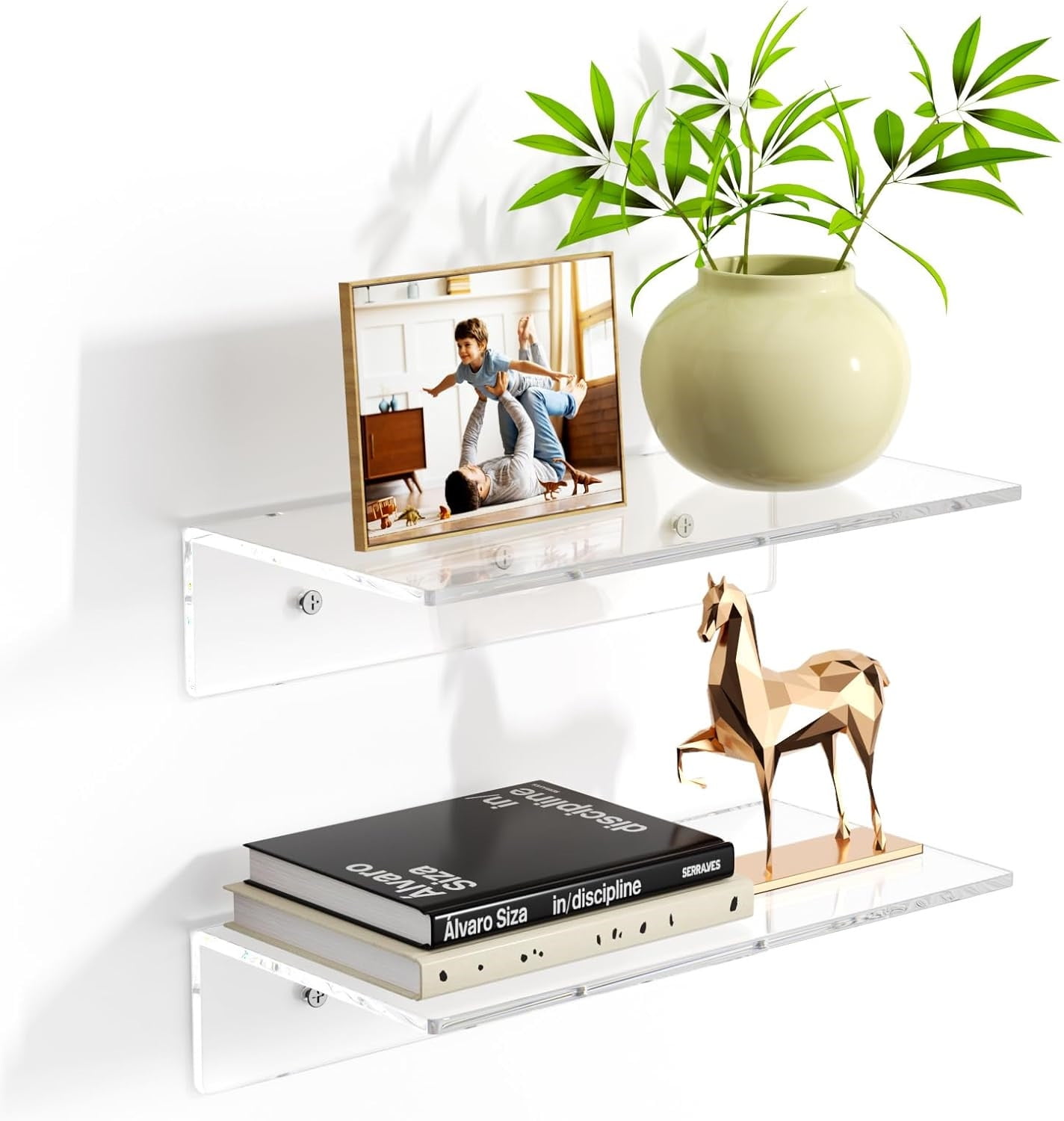 ZWHong 2-Pack L-Shaped Acrylic Floating Shelves, 12 Inch Clear Wall Mounted Display Shelves with Screws, 5mm Thick Invisible Shelves for Bathroom, Bedroom, Living Room