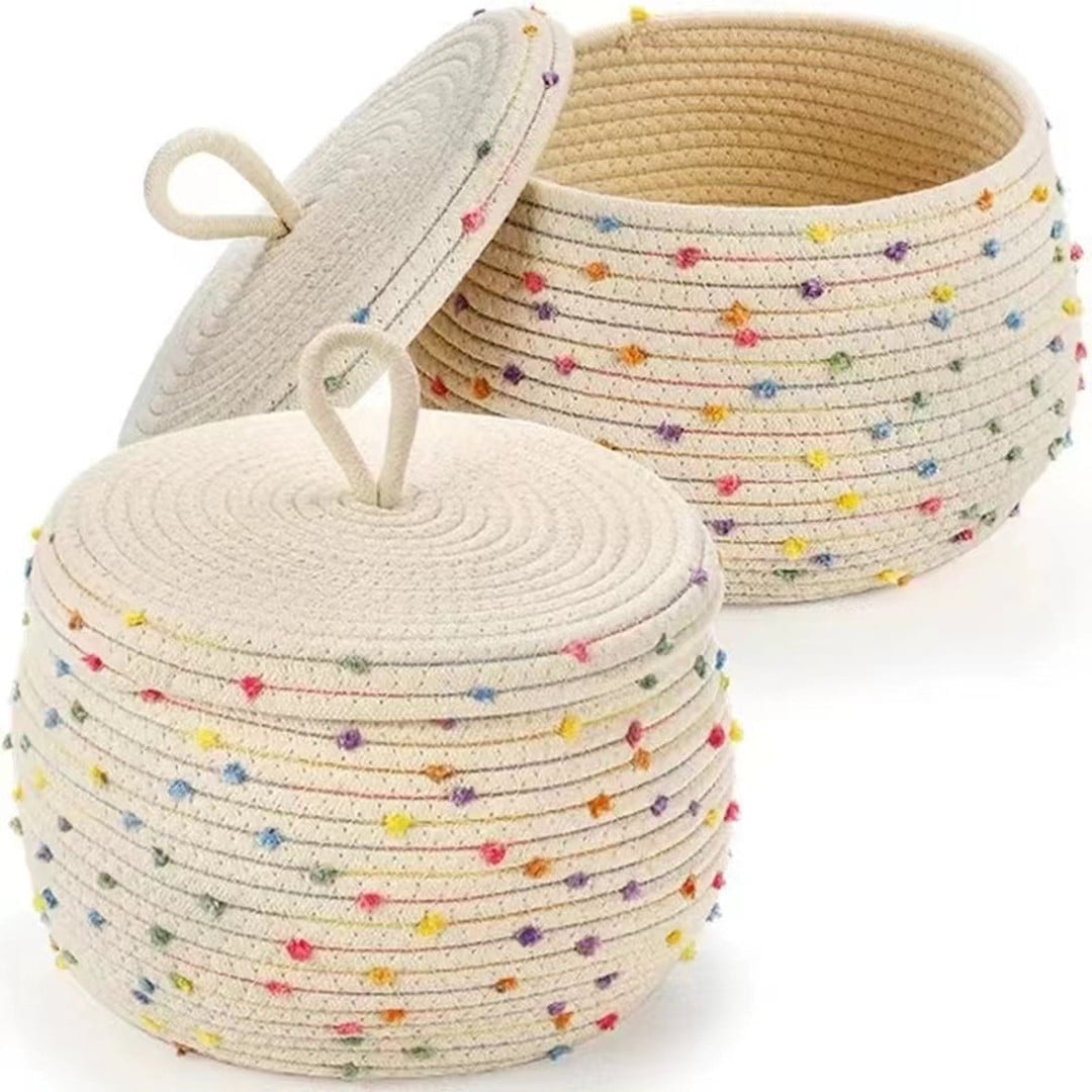 ZWHong 2-Pack Small Rope Basket with Lid, 10&8 Inch Round Woven Storage Baskets Set with Colorful Rainbow Pompom, 100% Natural Cotton Decorative Organizer for Home, Toys, Nursery