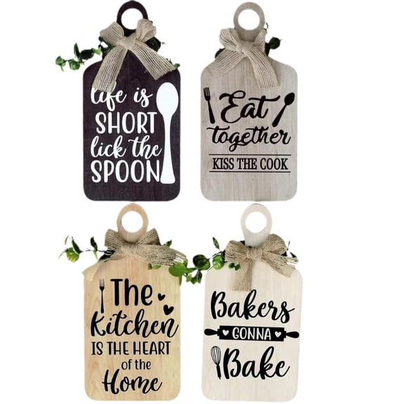 ZWHong 4-Piece Kitchen Wall Decor Wood Sign Set, 5.9x3.9 inch Rustic Cutting Board Shape Signs with Hemp Rope, Farmhouse Kitchen Decor for Dining Room, Living Room, Cafe, Bar