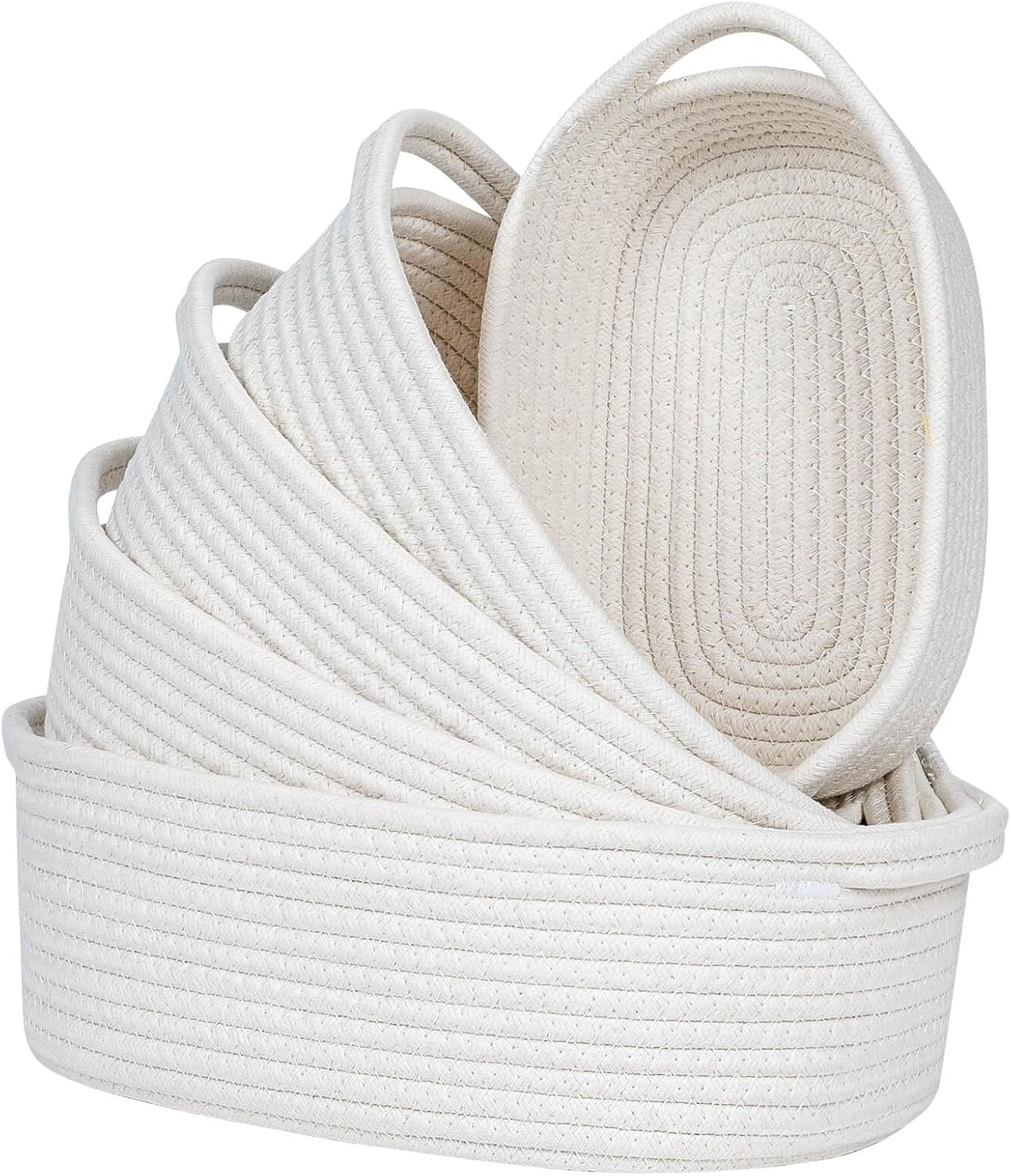 ZWHong 5-Piece Small Woven Basket Set, Natural Cotton Rope Storage Bins with Handles, Organizing Baskets for Bathroom, Nursery, Shelves, Gifts, (White)