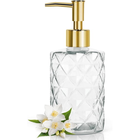 ZWHong Clear Glass Soap Dispenser, 11 Oz Refillable Bottle with Gold Pump, Crystal Liquid Hand Soap Dispenser for Kitchen and Bathroom, Decorative Dish Soap Dispenser with Elegant Design
