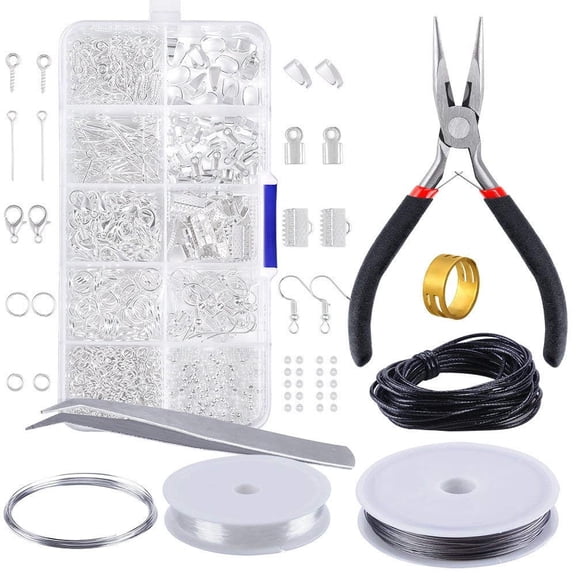 ZWHong Jewelry Making Kit with Pliers, 913pcs Silver Jewelry Findings & Accessories, Beading Wire, Jump Rings, Clasps, Memory Wire, DIY Jewelry Making Supplies for Beginners