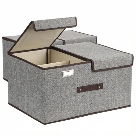 ZWHong Large Capacity Foldable Storage Bins with Lids, 2 Piece 20 Inch Linen Fabric Organizers with Removable Dividers for Clothes Closet Home Storage, Grey