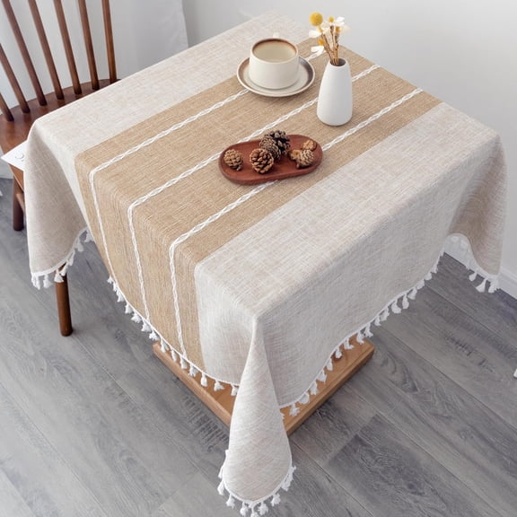 ZWHong Rectangle Tablecloth, 55x55 Inch Cotton Linen Waterproof Table Cover with Tassel Edge, Lines Coffee Square Table Cloth for Kitchen, Party, 2-4 Seats