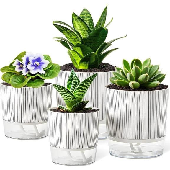 ZWHong Self Watering Pots for Indoor Plants, 4-Pack Planter Set with Wick Rope & Reservoir, 4 & 5.5 Inch African Violet Pots, Spider Plant, Orchid 7-14 Days Automatic Watering (white)
