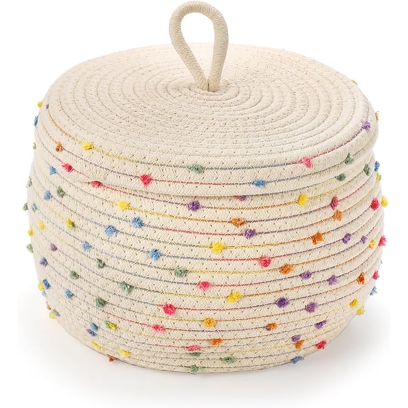 ZWHong Small Rope Basket with Lid, 10x6 Inch Round Woven Storage Basket with Colorful Rainbow Pompom, 100% Natural Cotton Decorative Toy Basket for Organizing, Cute Storage Bin for Home