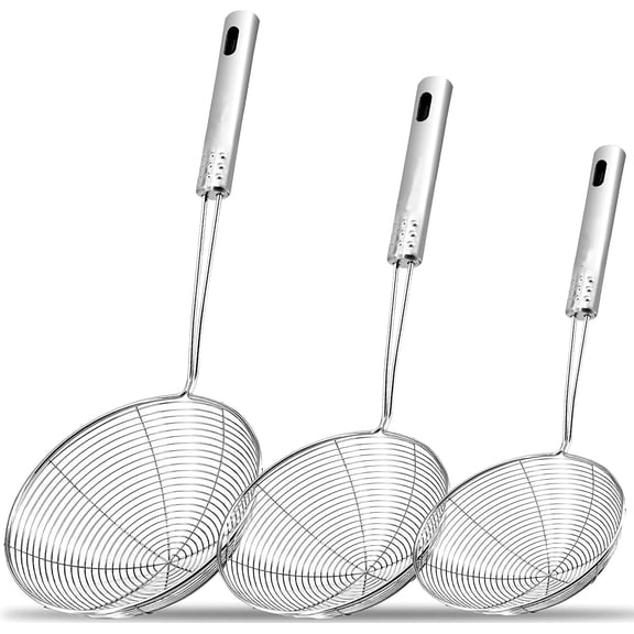 ZWHong Spider Strainer Skimmer Spoon, Set of 3 Sizes Stainless Steel Fryer Scoop with Long Handle, Kitchen Strainer Ladle for Frying Cooking Food Pasta (6.57" 5.78" 5")