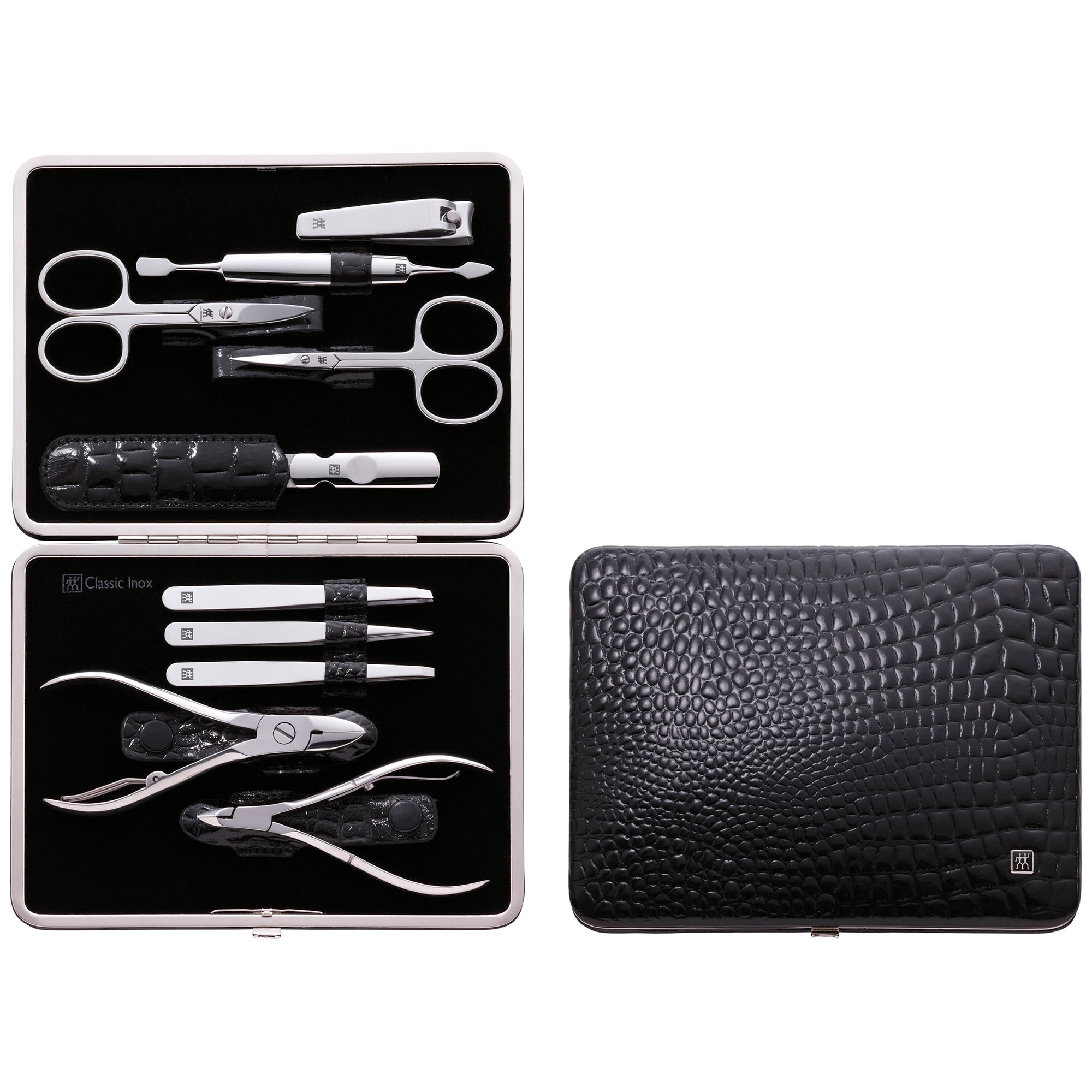 ZWILLING Manicure Set (10 piece, complete set for fingernails and toenails, genuine leather case with metal frame), Polished Stainless Steel, Crocodile Edition, Black