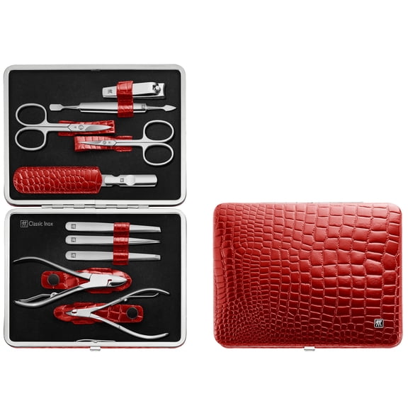 ZWILLING Manicure Set Pedicure Kit, Nail Care Complete Set, Cowhide, Croco Edition, 10-Piece, Red