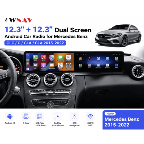 ZWNAV 12.3+12.3 Dual Screen 128G Android Carplay For Mercedes Benz GLC/C/GLA/CLA 2015-2022 GPS Car Multimedia Video Player
