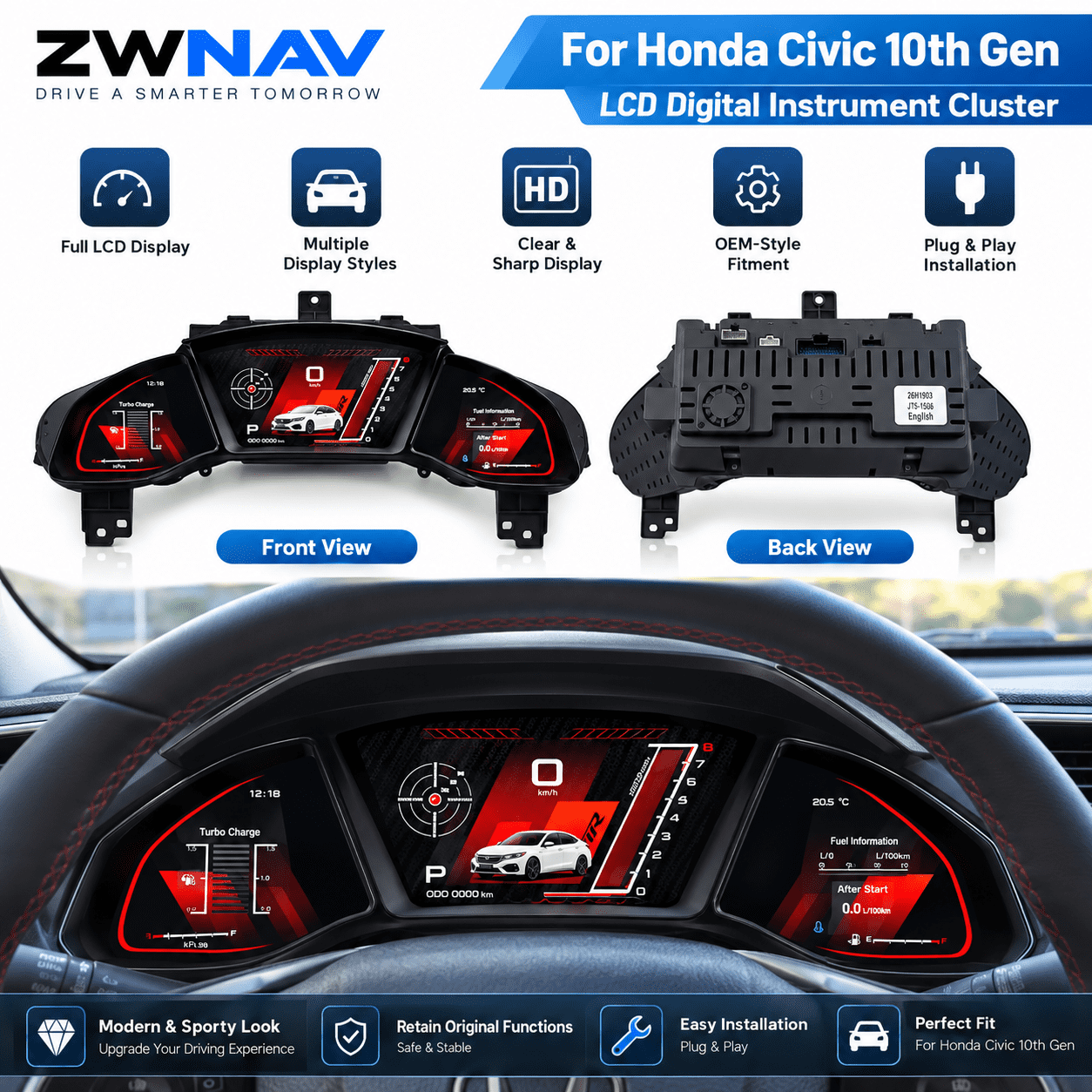 ZWNAV Car Digital Cluster for Honda Civic 2016-2021 LCD Instrument ...