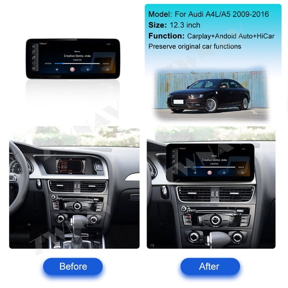 ZWNAV Ultra-Thin 12.3 inch Wireless CarPlay+Android Auto Retain Original Car Function Car Radio Stereo Multimedia Receiver for Audi A4L/A5 2009-2016 Compatible with Original Car System