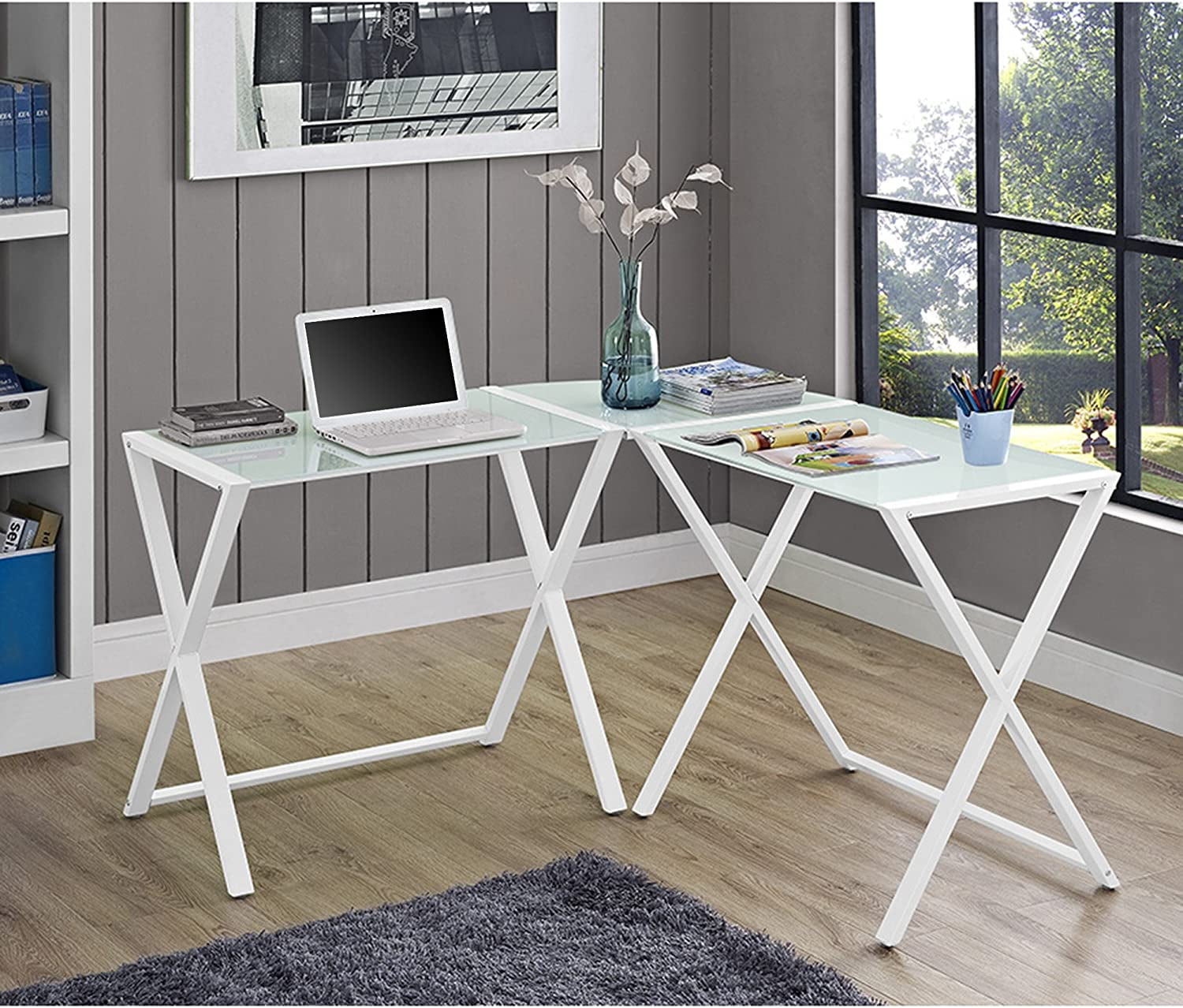 51'' White Glass Corner Computer Desk with Keyboard Tray