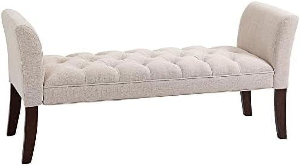 Beige Upholstered Bench with Flared Arms and Wood Legs