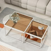 ZWNLKQG Nesting Coffee Table  with High-Low Combination Design Modern Black Tempered Glass  with Metal Frame  Length Adjustable 2-Tier Center&End Table for Living Room