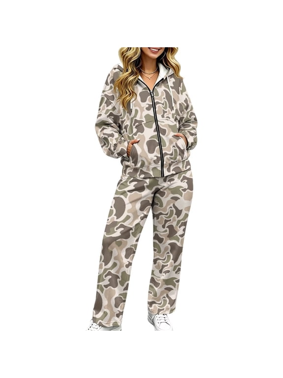 Camo Hunting Theme Women's 2 Piece Lounge Set Zip Up Hoodie and Baggy Sweatpants Cozy Trendy Matching Outfit, Fashionable and Cozy