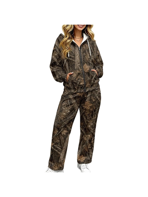 Camo Hunting Women's 2 Piece Sweatsuit Set Zip Up Hoodie and Wide Leg Sweatpants Cozy Fall Winter Lounge Tracksuit Matching Outfit, Soft and Comfortable