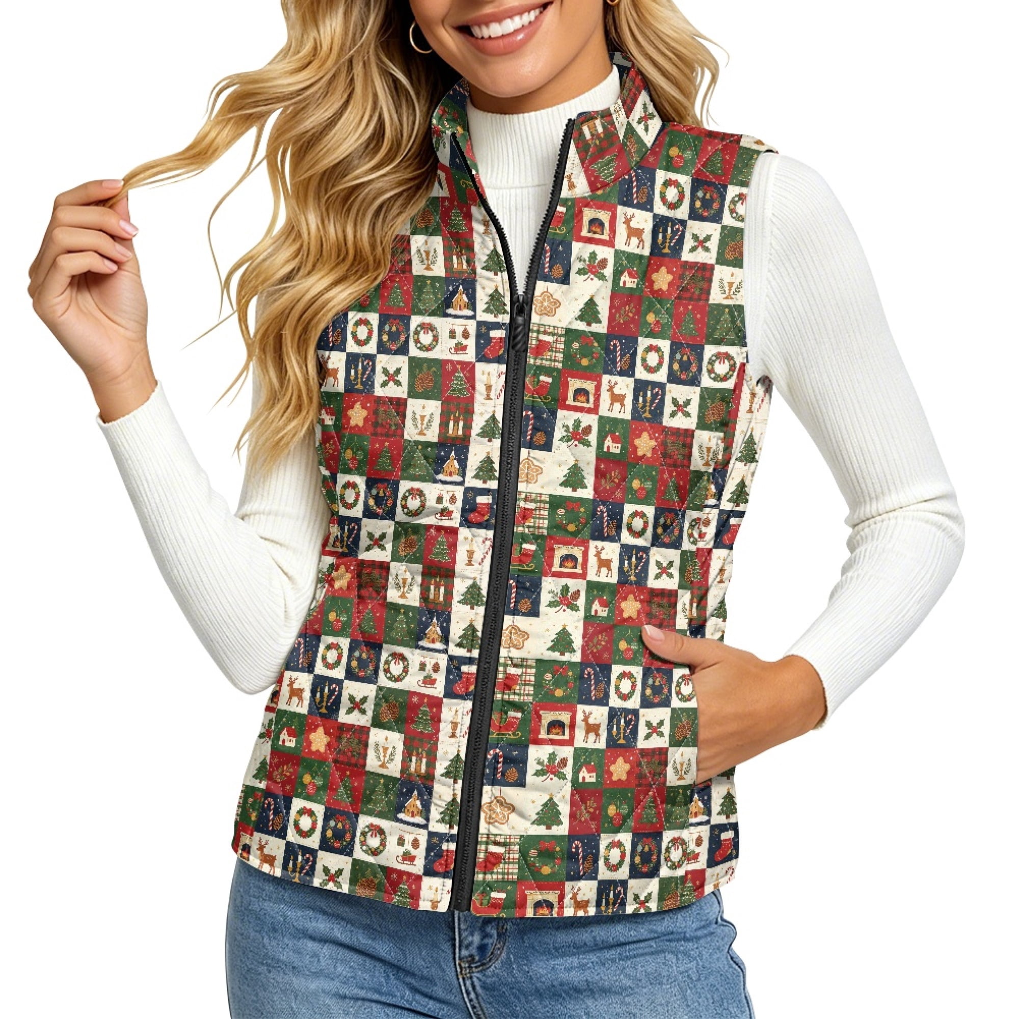 ZWPINITUP Christmas Checker Pattern Quilted jacket vest Zip with ...