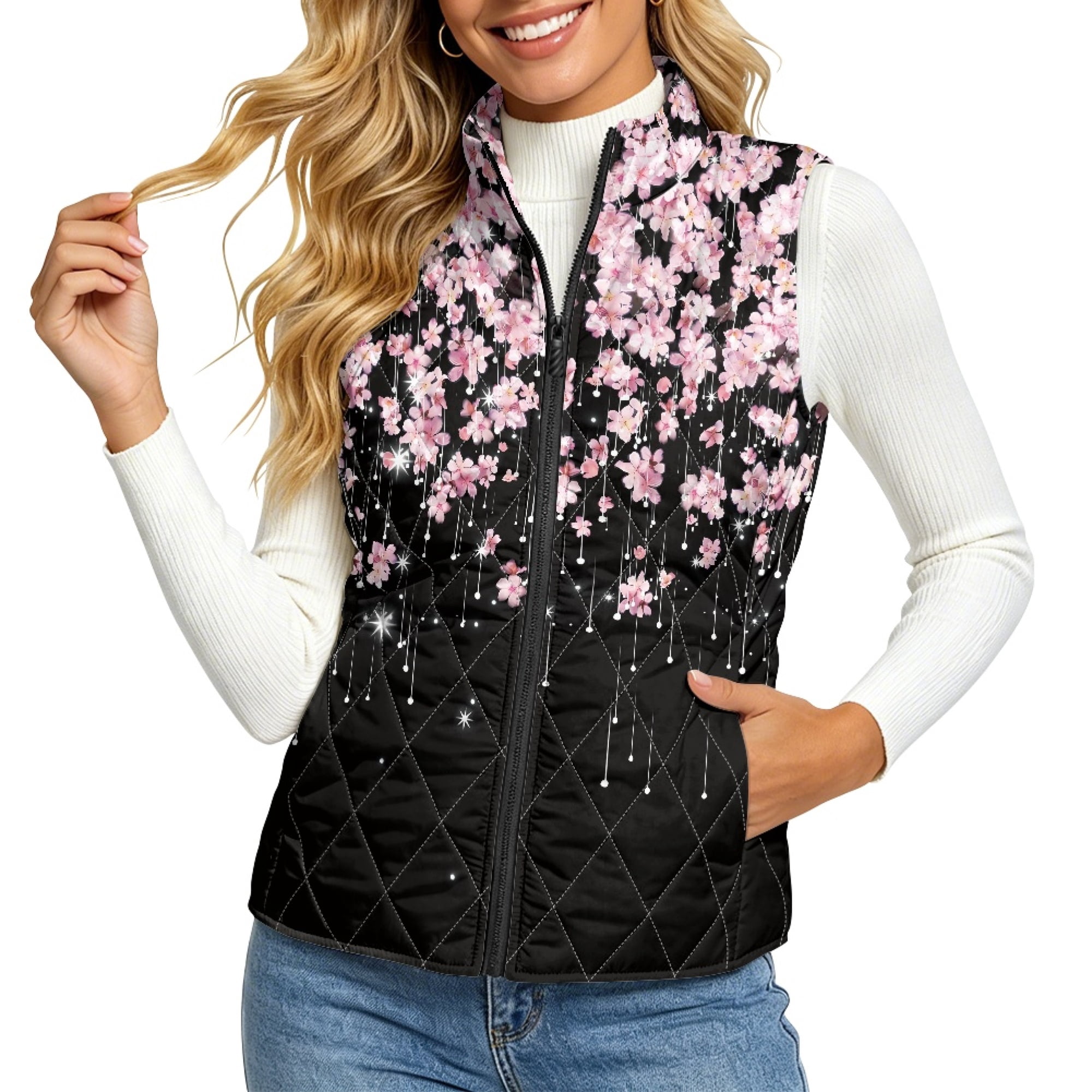 ZWPINITUP Falling Cherry Blossom with Pocket Outerwear Vest, Polyester ...