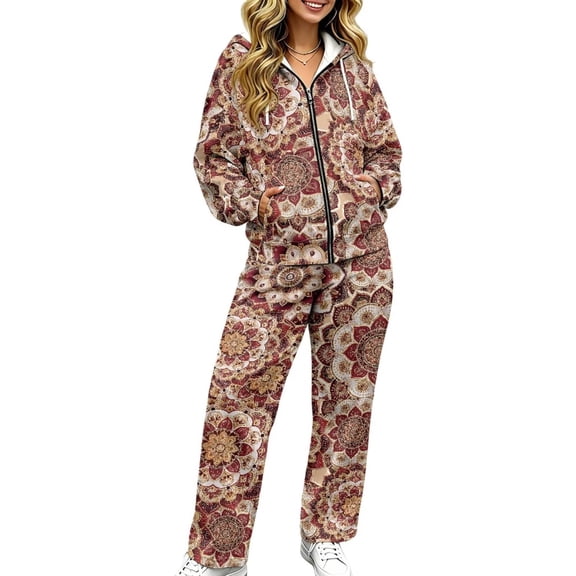 ZWPINITUP Mandala Women's 2 Piece Track Suit Zip Up Hoodie Comfy Sweatpants Winter Matching Set, Lightweight and Fashionable, Fit for Yoga and Lounge