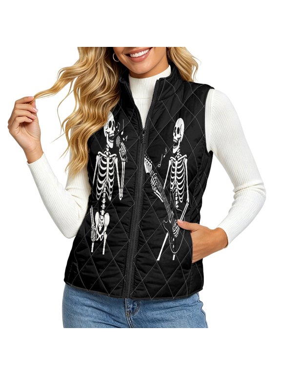 Polyester Fabric Lightweight Women's quilted jacket vest for Fall Everyday wear Working, with Pockets Quilted jacket vest for Women, Skeleton Guitar Print