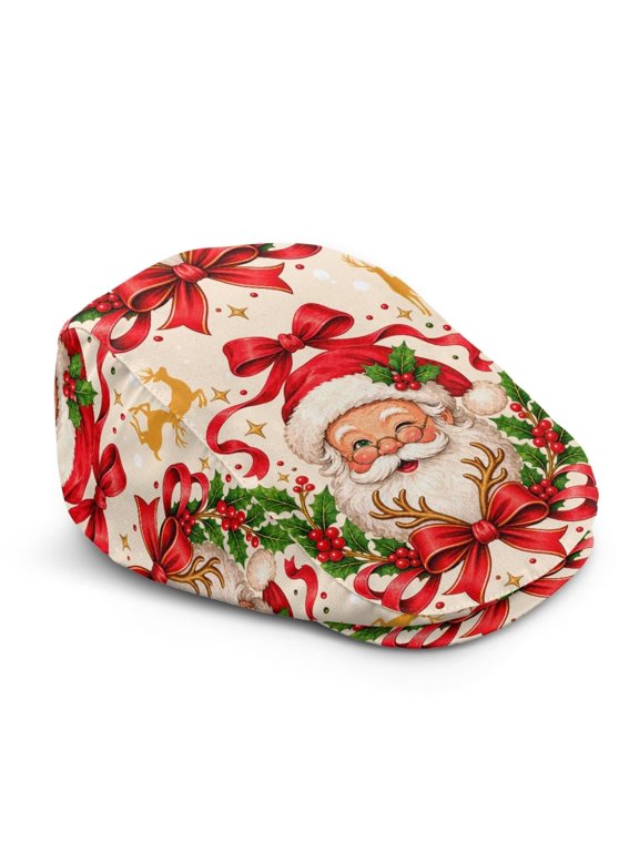 Santa Claus Bows Flat Cap Unisex Ivy Newsboy Cabbie Hat Adjustable Holiday Driving Cap Ideal for Holiday Parties