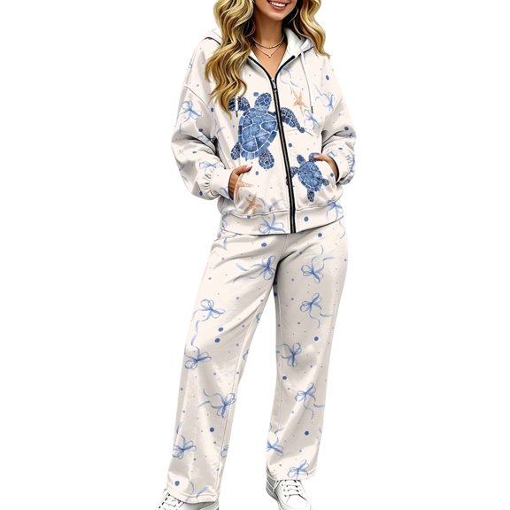 ZWPINITUP Turtle Starfish Bow Women's 2 Piece Track Suit Zip Up Hoodie Comfy Sweatpants Winter Matching Set, Lightweight and Fashionable