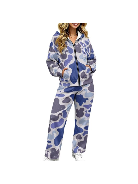 Women's 2 Piece Sweatsuit Set Full Zip Hoodie and Sweatpants, Blue Duck Camo, Soft and Warm, Fit for Cold Weather