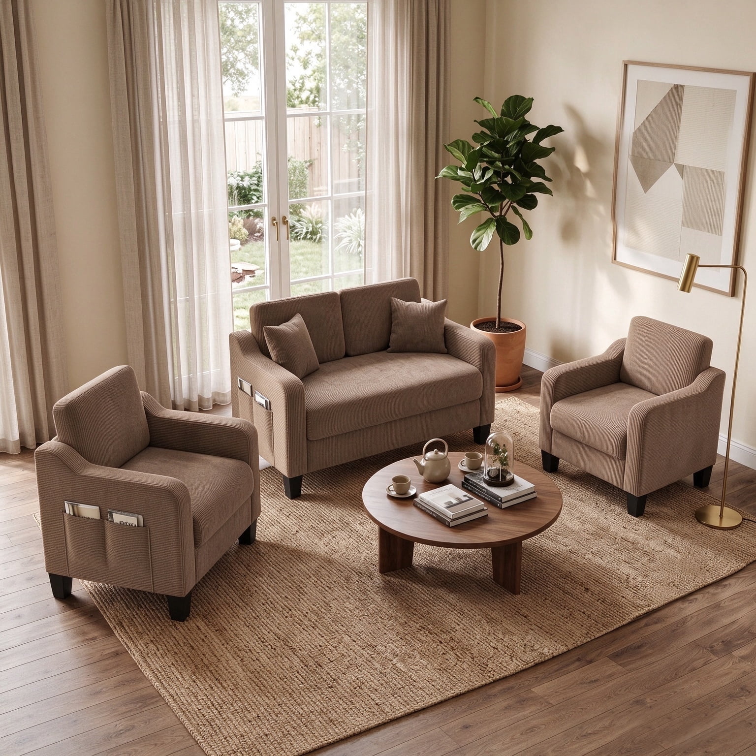 ZX Design 3-Piece Corduroy Living Room Furniture Set, Mid-Century ...