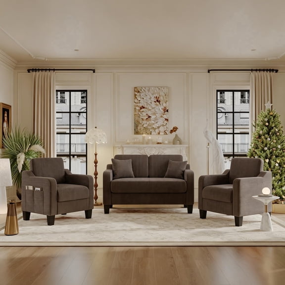 ZX Design 3-Piece Mid-Century Modern Corduroy Sofa Set, Living Room Furniture Set, 1 Loveseat & 2 Armchairs with Single-Side Storage Pocket