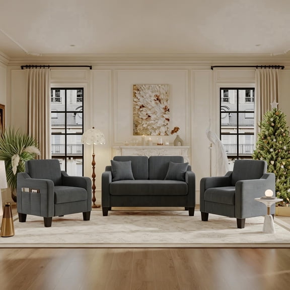 ZX Design 3-Piece Mid-Century Modern Corduroy Sofa Set, Living Room Furniture Set, 1 Loveseat & 2 Armchairs with Single-Side Storage Pocket