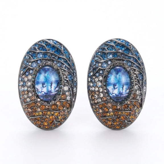 ZX Medieval Niche Design Oval Glass Earring Set Light Luxury High-end Retro Versatile Accessories