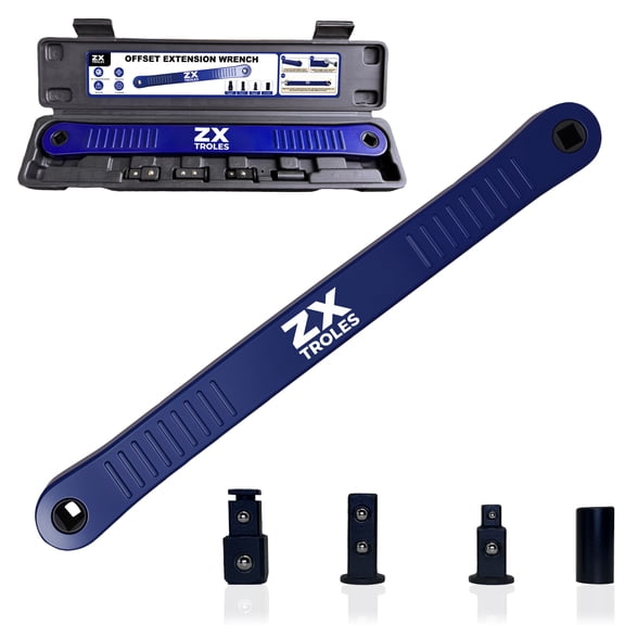 ZX TROLES 1/2 Offset Extension Wrench,Pro Zero Offset Extension Wrench Extender Tool with 1/4",3/8",1/2"Square Drive Adapters-Universal Extension Wrenchs for Tight Spaces(Blue)