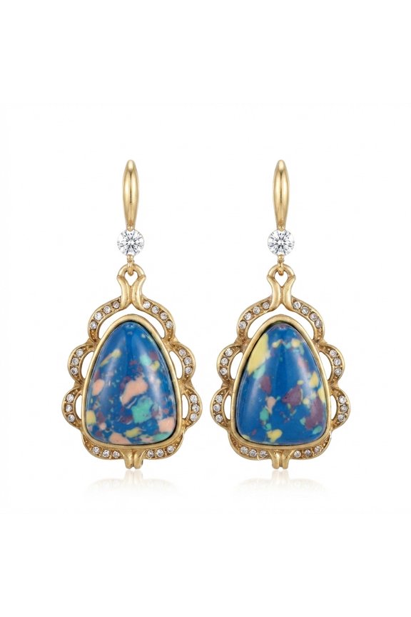ZX Vintage Retro Palace-Style Colorful Blue Stone Earrings, Light Luxury Fashion, Exquisite and High-End Elegant Earrings for Women
