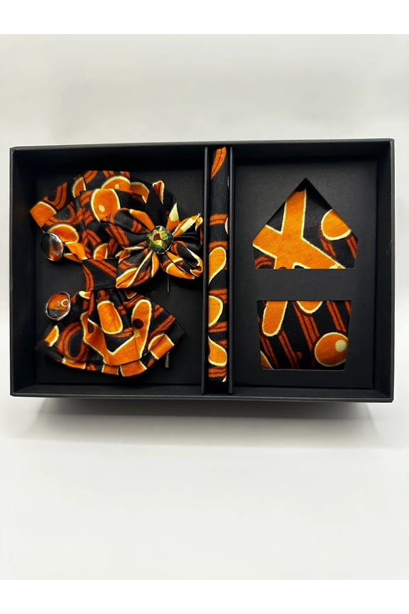 ZXB Mens Gift Box - Tie, Bow Tie, Lapel Pin, Pocket Square, Cufflink Set - 100% Cotton Material Ankara Fabric