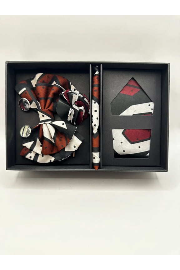 ZXB Mens Gift Box - Tie, Bow Tie, Lapel Pin, Pocket Square, Cufflinks - 100% Cotton Material Ankara Fabric