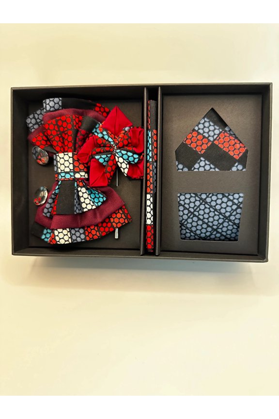 ZXB Mens Gift Box - Tie, Bow Tie, Lapel Pin, Pocket Square, Cufflinks - 100% Cotton Material Ankara Print